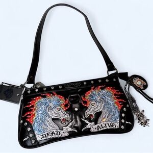 Ed Hardy Y2K Dead or Alive Studded Shoulder Bag Black Rhinestone Horses NWT